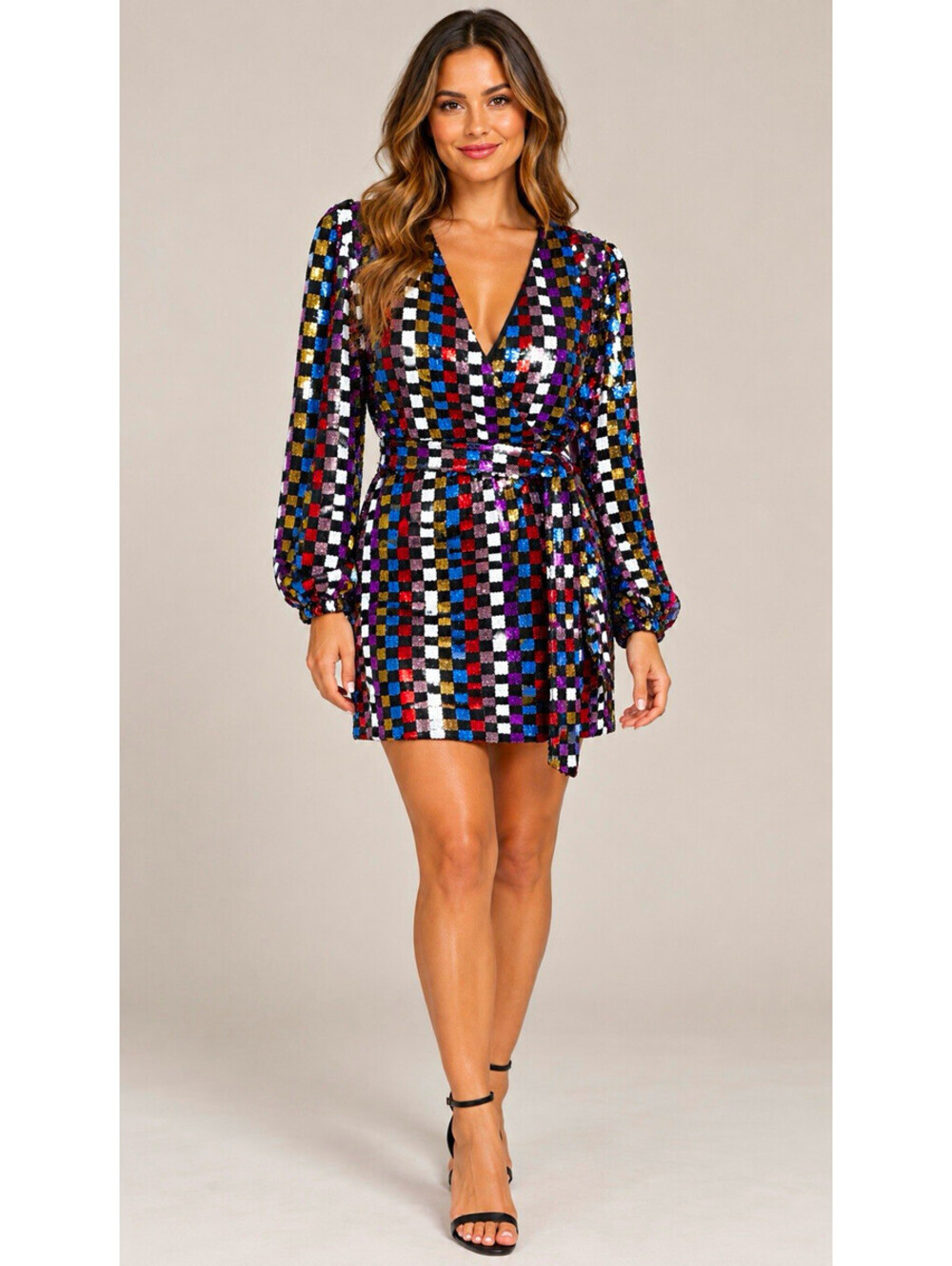 BuddyLove Multicolor Sequin Check Wrap Mini Dress S Balloon Long Sleeve
